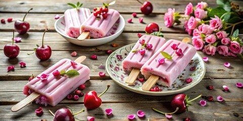 Naklejka premium Vintage Cherry Yogurt Pops with Rose Petals - A Delicious Treat for Summer Fun, Sweet Dessert Ideas, Refreshing Flavor, Aesthetic Food Photography
