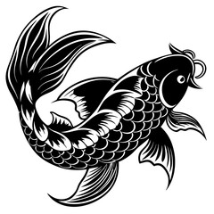 Black-and-White Koi Fish Illustration with Flowing Fins and Scales