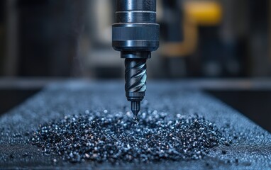 Precision engineering: A close-up view of a drill bit meticulously boring through metal, creating a pile of fine shavings. The intricate details of the process are mesmerizing.