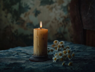 Flickering candlelight illuminates a tranquil setting with daisies on an aged table