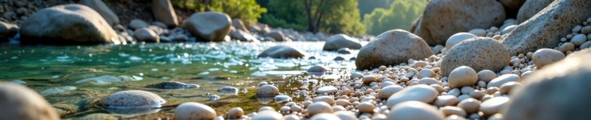 Obraz premium Small white pebbles scattered on the riverbed, landscape, geological formations
