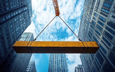 A giant crane lifts a massive steel beam against a backdrop of towering skyscrapers under a vibrant blue sky. Urban construction at its finest!