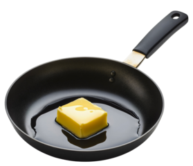 Melting butter in hot frying pan isolated, cooking ingredient in kitchen skillet, culinary preparation with dairy food closeup