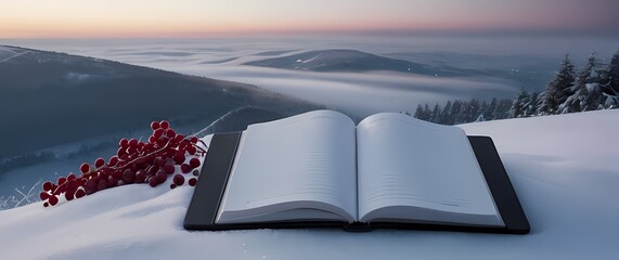 An elegant planner open to the first page on a quiet snowy hill overlooking the horizon complemented by scattered winter berries