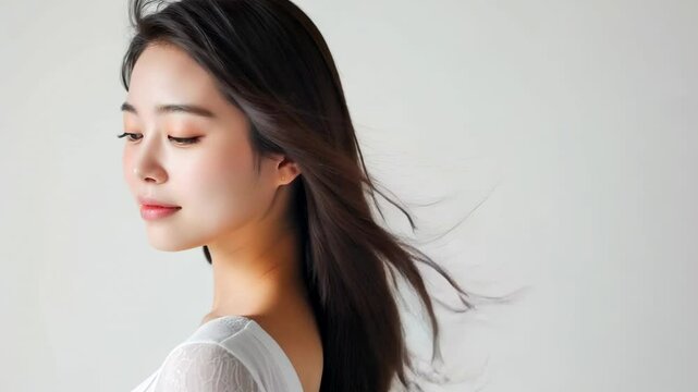 黒髪の綺麗な日本人女性の横顔の写真（ヘアケア・ロングヘア・縮毛矯正・ストレート・背景なし）
