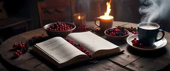 An elegant planner open to the first page next to a steaming mug on a rustic table complemented by scattered winter berries