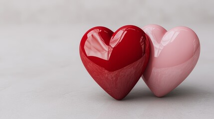 Fototapeta premium Valentine's Day Celebration with Two Glossy Red and Pink Hearts Romantic Decor Studio Setting Close-Up Perspective