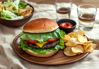Juicy Cheeseburger with Lettuce, Tomato, and Potato Chips