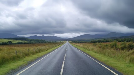 Naklejka premium A scenic view of a long, empty road stretching through a lush landscape under a cloudy sky.
