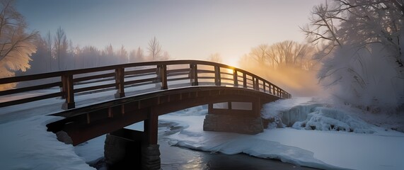 An elegant planner open to the first page atop a frost covered bridge spanning a frozen stream bathed in warm golden light