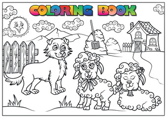 Fototapeta premium Cheerful dog looking at two lambs in a farm scene, from a coloring book for children