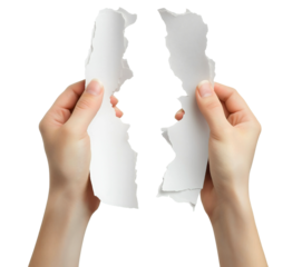 Hands ripping paper document isolated, torn contract agreement concept, human fingers tearing blank sheet