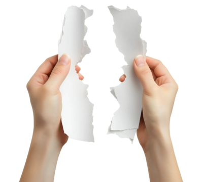 Hands ripping paper document isolated, torn contract agreement concept, human fingers tearing blank sheet