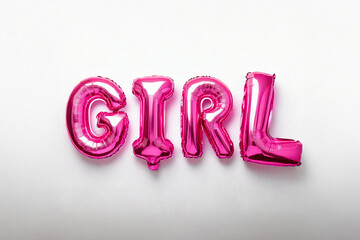 Phrase GIRL made of pink inflatable balloons isolated on white background. Fioil helium balloons. Baby girl arrival announcement.