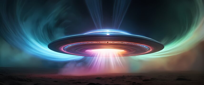 An artistic rendering of a flying saucer entering a swirling portal of colors hinting at interdimensional travel