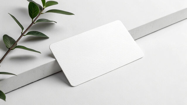 A blank white card is placed next to a green leafy branch on a clean, minimalist surface.Composition conveys simplicity and elegance, highlighting the contrast of natural and artificial elements. AI 