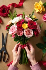 Top view florist collects bouquet of flowers with red ribbon. Flower delivery concept.