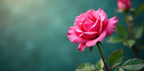 Obraz premium A single stem of blooming rose in full bloom with vibrant pink petals and delicate center, blossom details, flowering plant