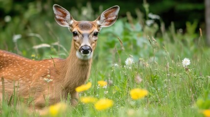 Obraz premium A Young White-Tailed Deer in a Meadow