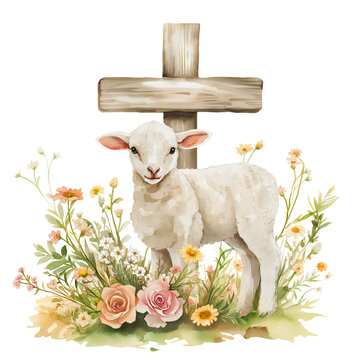 Watercolor Easter lamb with cross design, Christian religious symbol artwork, holy celebration with floral elements illustration
