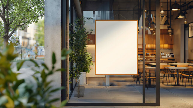 Cafe storefront window mockup design, modern restaurant billboard template, urban retail display advertising concept