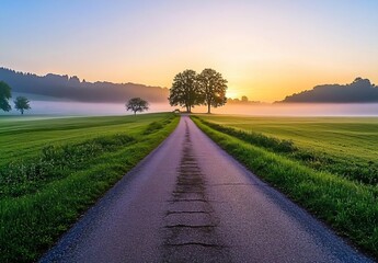 Misty Sunrise Road: Serene Countryside Path with Twin Trees