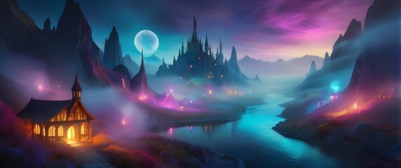 A whimsical aquarelle drawing of a fantasy world where vibrant colors and soft lines bring the scene to life