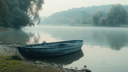 Fototapeta premium Tranquil foggy morning at a quiet lake with a wooden boat nature landscape photography