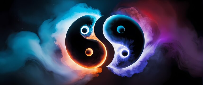 A watercolor illustration of the yin yang symbol blending black and white with vibrant colors