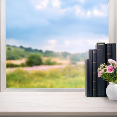 Fototapeta premium cream wood shelf by the window with a view of the flower garden with some flowers vase
