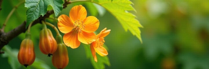Delicate papaya flowers on a natural papaya tree branch, bloom, botanical