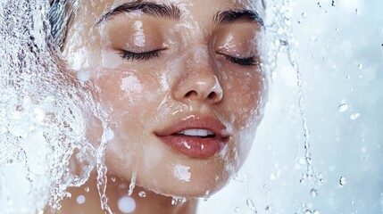 A young woman enjoys a refreshing moment under a cascade of water, with droplets sparkling on her face. Her eyes are closed and she emanates tranquility and beauty