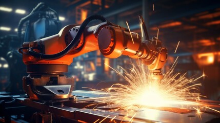 A robotic arm is engaged in welding metal components on a factory assembly line. Sparks fly as the arm performs precise movements in a dimly lit industrial environment