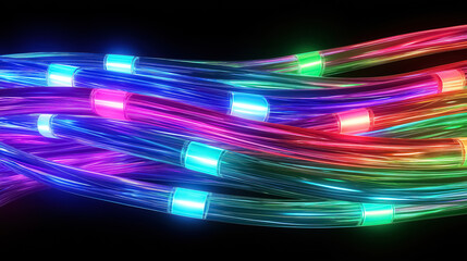 Abstract colorful optic cables seamlessly intertwined, digital communication concept