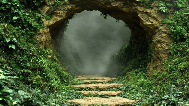 Enchanted Forest. Romantasy Open source api gateway Speculative fiction bathing nature-based Simulated reality Liminal portalapp Dezgo Fygo Mossy stone cave entrance with foggy mystery