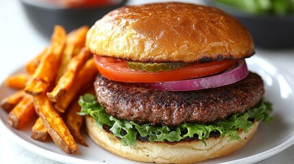 Hearty plant based patty garnished fresh lettuce tomato red onions pickles and vegan mayo in toasted whole grain bun served crispy sweet potato fries providing delightful meal