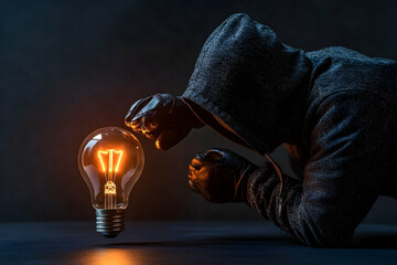 Light bulb being taken by a thief, representing stolen ideas or intellectual theft