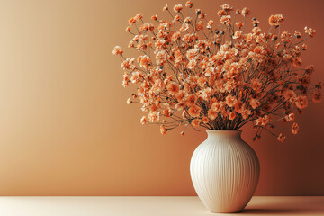 Dried flowers in a ceramic vase. Beige and cream tones of the background and Color of the Year Mocha Mousse. Comfort in the details. Poster or banner with copy space.