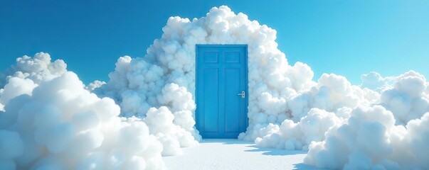 Fluffy white clouds exit a bright blue doorway, clouds, fluffy, serene