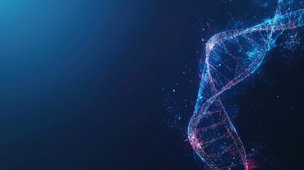 Blue and red particles dna helix glowing over dark blue background. Concept of genetics, science and medicine. Biotech. 3d rendering copy space toned image