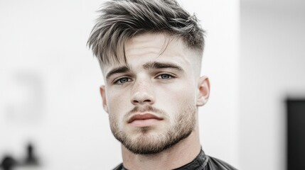 Obraz premium A close-up of a young man with stylish, textured hair and a well-groomed beard, set against a minimalistic backdrop, This image is ideal for showcasing men's grooming, hairstyles, or fashion trends,