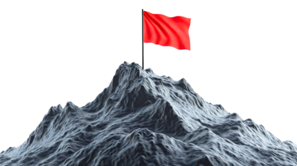 Victory flag on mountain summit peak, successful achievement climbing challenge, triumphant leadership journey to the top, champion reaching ultimate goal
