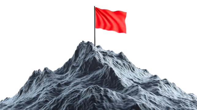 Victory flag on mountain summit peak, successful achievement climbing challenge, triumphant leadership journey to the top, champion reaching ultimate goal