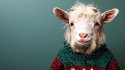 A charming goat wearing a cozy sweater poses against a soft green backdrop, perfect for holiday-themed projects, animal-themed merchandising, or quirky marketing materials,