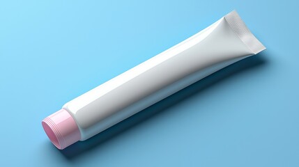White tube with pink cap on light blue background.