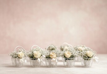 Fototapeta premium Elegant White Roses and Baby's Breath in Mini Baskets