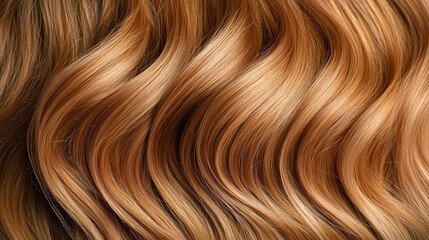 Naklejka premium Close-up of beautifully styled golden-brown wavy hair showcasing its texture and shine, ideal for beauty, haircare, or fashion promotions, Perfect for use in advertisements, blog posts