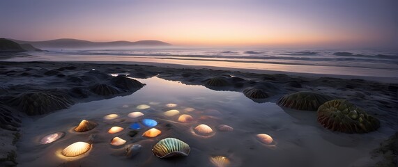 A tranquil scene of a quiet beach during low tide with tidal pools revealing marine life and colorful shells