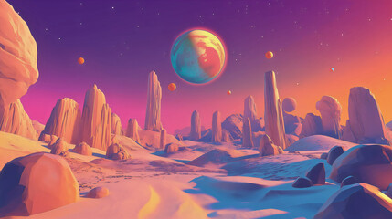 Naklejka premium Surreal fantasy planet with cosmic terrain, futuristic desert landscape in space, 3d universe art with pink nebula, fantastic world with canyon surface