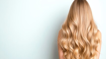 Obraz premium Long, flowing blonde hair cascades down a person's back against a light background, ideal for beauty, haircare, or wellness brands in marketing, advertisements, or blog content,